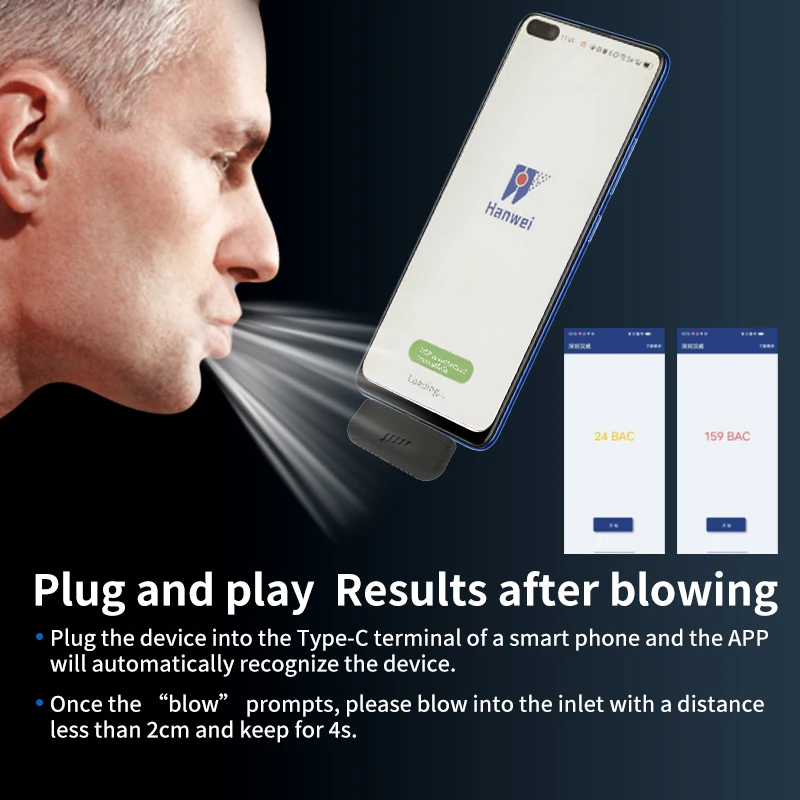 Portable Mini Alcohol Detector Plug-in Phone Work with APP Non-contact Alcohol Tester Breathalyzer Test Tools