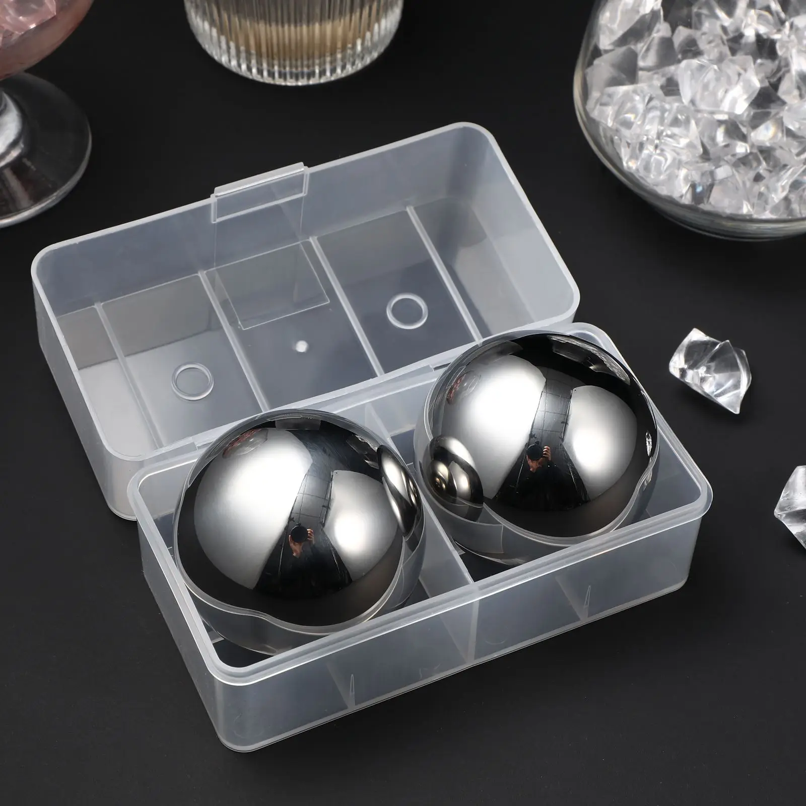 55mm Stainless Steel Ice Cubes Reusable Whiskey Spherical Keep Flavor Beverage 2Pcs