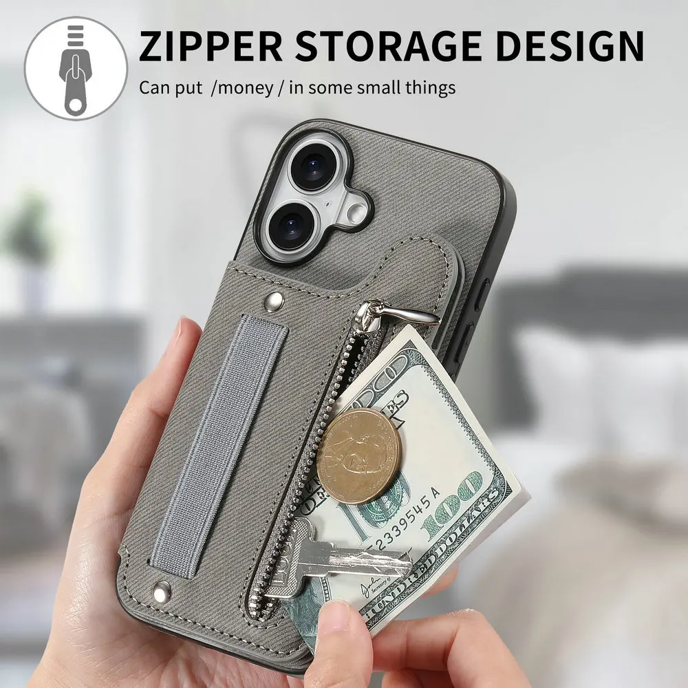 Luxury RFID Leather Flip Case with Zipper Card Holder and Elastic Strap