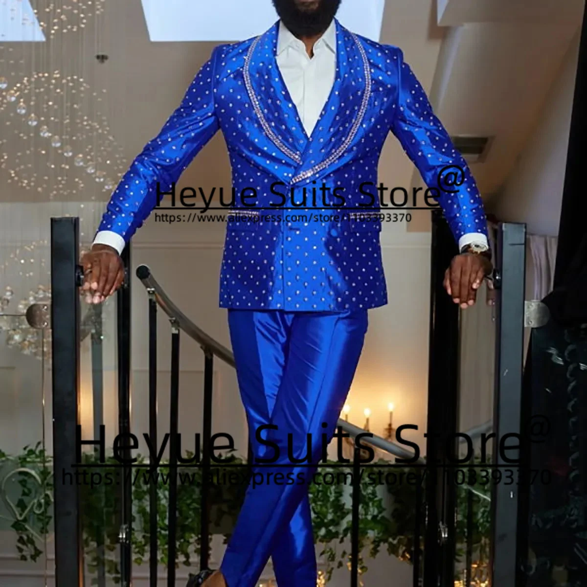 Luxuly Diamond Setting Fashion Royal Blue Wedding Suits For Men Slim Fit Custom Groom Tuxedos2Pcs Sets terno masculinos completo