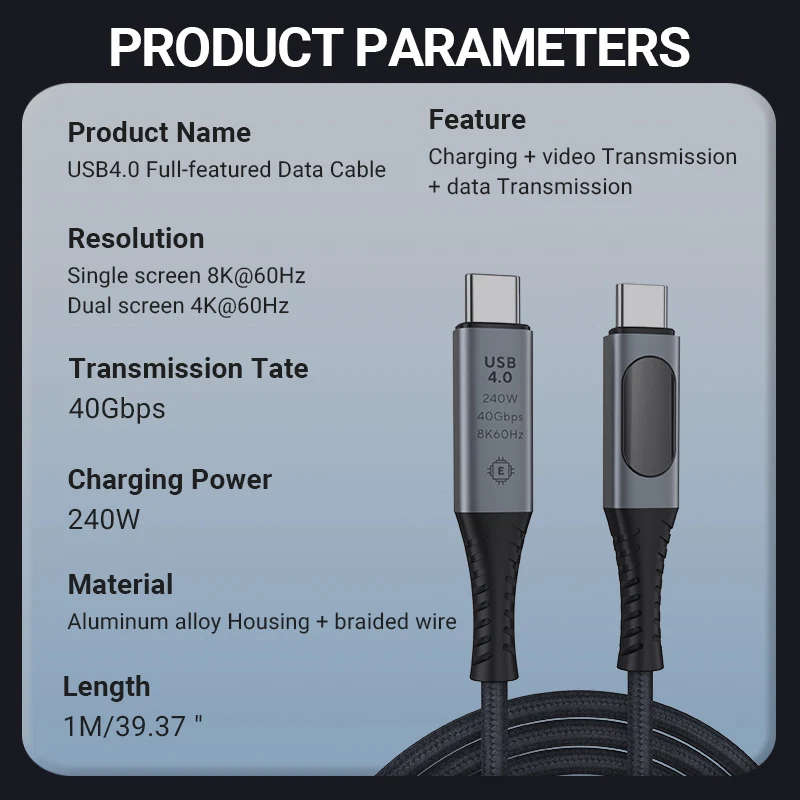 USB4 USB C - USB C 케이블 지원 8K 60Hz HD PD240W 고속 충전 40Gbps 데이터 전송 LED 디스플레이가 있는 3.3ft 나일론 편조 코드