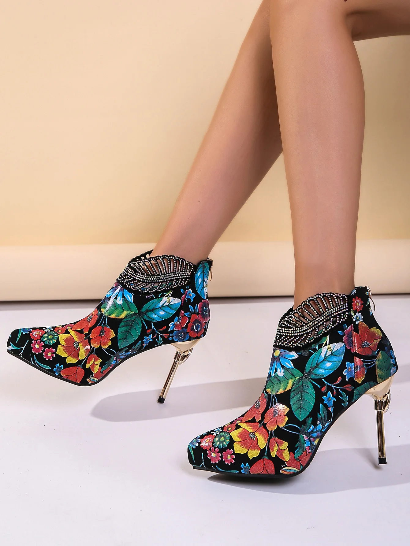 Boots Women S Floral Pattern Boots Back Zipper Rhinestone Thin High Heels Shoes Embroidery Boots Female Zapatos De Mujer 9 Saf81bcc1fe0045888c054e04290158dez