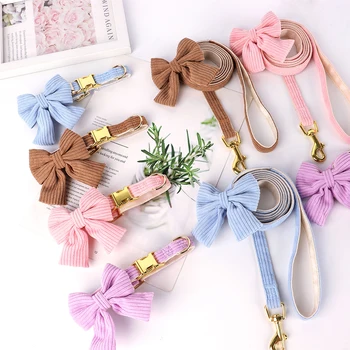 Cute Pink Dog Collar Leash Set With Bowtie Adjustable Soft Velvet Pet Collars And Leash for Small Medium Dogs Dog Accessories 2