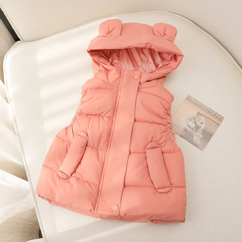 Solid Color Hooded Vest Top Winter Children Clothing Unisex Baby Outerwear Down Cotton Thickened Clothes Kid Waistcoat Down Vest