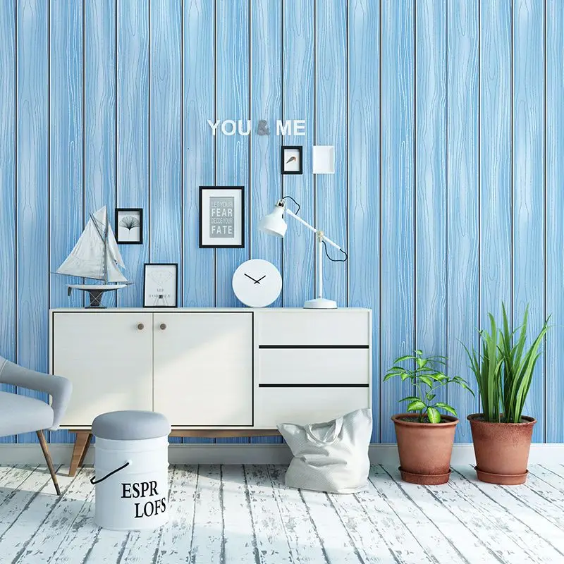 

Mediterranean Blue Wood Stripe Wallpaper for Walls Non-woven Bedroom Living Room Wall Paper Restaurant Clothing Shop