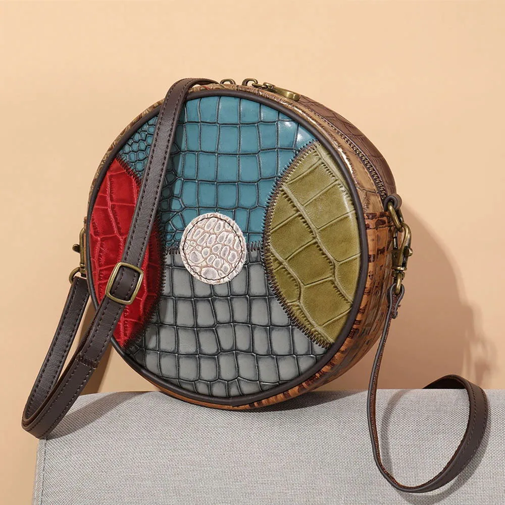 Fashion Patchwork Mini Women's Leather Bags Round Design Bag for Women ...
