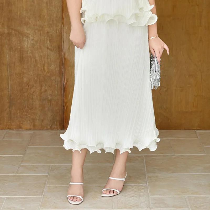 Plus Size Women's Long Skirts Premium French Fashion Fold High Waist A-Line Calf Length Bottoms Summer 2025