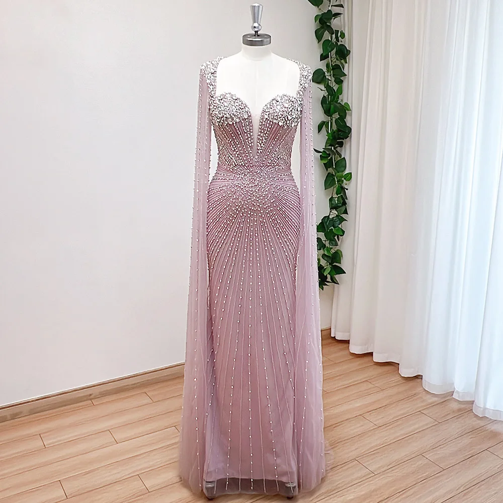 Elegant Mermaid Beads Evening Dress for Women with Cape Sleeves 2025 Luxury Dubai Long Formal Prom Wedding Party Gown Customized 2