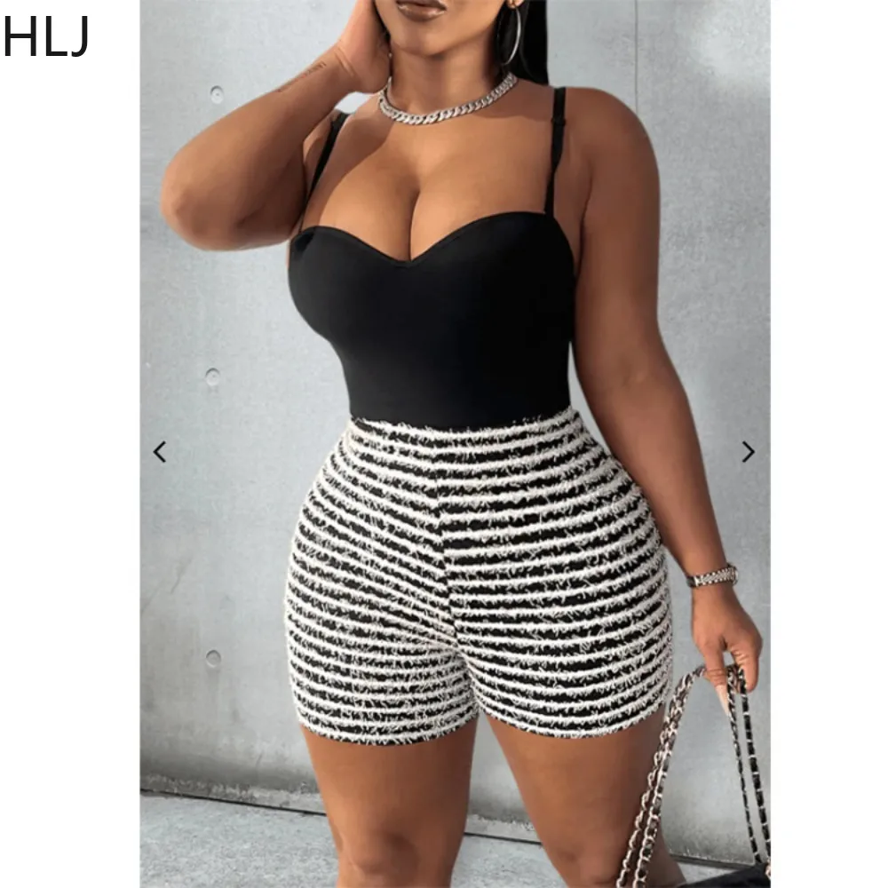 HLJ Black Sexy Sleeveless Thin Strap Vest And Skinny Shorts Two Piece Sets Female Stripe Printing Outfits Casual 2pcs Streetwear 2pcs 80w full range frequency car audio speaker heavy mid bass ultra thin modified speaker non destructive installation