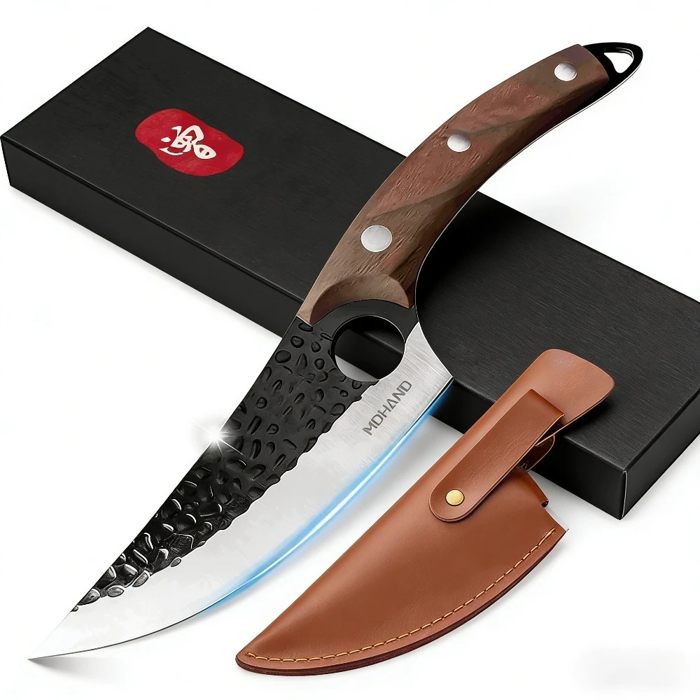 DFITO Ausbeinmesser aus 4cr14 Edelstahl mit Gebogener Klinge und Loch, Rosenholzgriff, Geschenkbox, Lederscheide für Küche und Fleischverarbeitung – Detail 1