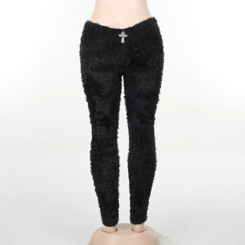 Cross Accessories Fur Pencil Pants Y2k 2023 Autumn Winter New Hip Wrapped  Furry Trousers Leggings for Women Streetwear - AliExpress