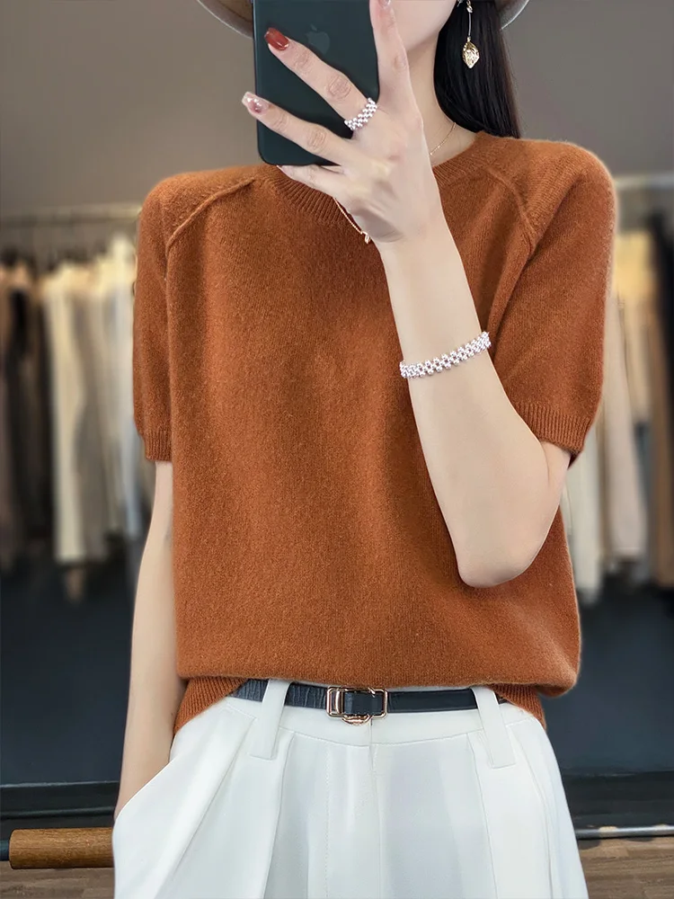 

2024 New Women Sweater 100% Merino Wool Spring Summer Half Sleeve Pullovers Female O-Neck Knitwear Short SLeeve Jumper Clothing