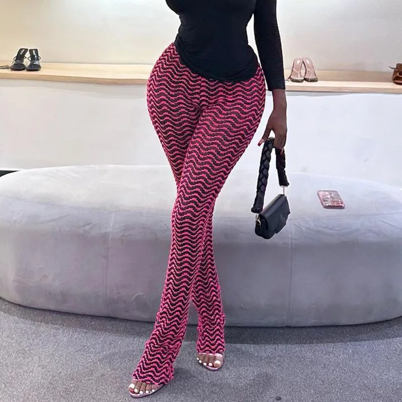 Sexy Black and White Wave Striped Stretch Pants Women Y2k Streetwear High Waist Skinny Stacked Pants Woman Push Up Slim Trousers