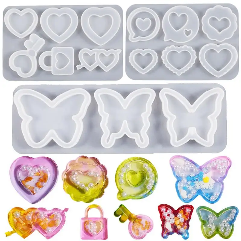 Heart Butterfly Quicksand Silicone Mold Epoxy Resin Crystal Flowing Sand Keychain Pendant Mold DIY Resin Jewelry Making Supplies