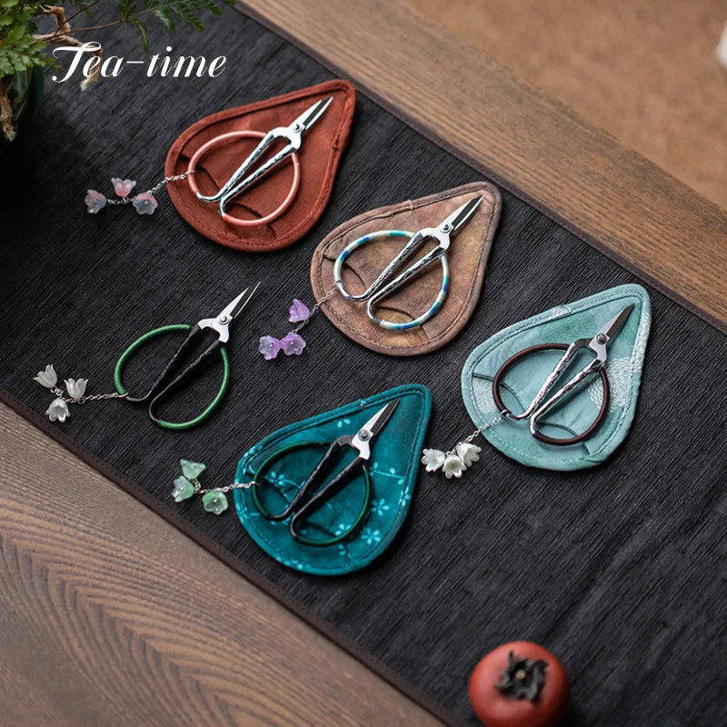 Retro Bamboo Tea Bag Scissors Pure Handmade Cloth Bag Tea Scissors Protector Tassel Chinese Knot Knife Puer Ceremony