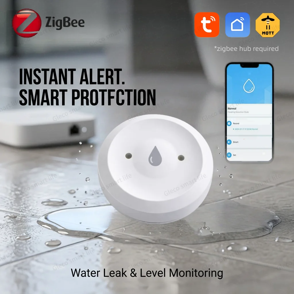 Zigbee capteur de fuite d'eau détecteur de fuite d'inondation capteur d'alarme de liaison pour cuisine/salle de bain Support Tuya vie intelligente Zigbee2mqtt