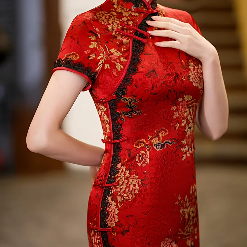 Long Lace Patchwork Chinese Traditional Dress Print Floral Slim Cheongsam Daily Show Party Gown Women Qipao Vintage Vestidos