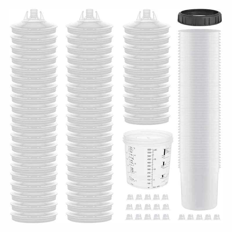 A98E-Paint Sprayer Mixing Cup,1.0 System(Not 2.0)-50Pcs 20 Ounce Kit -50 Cup Liners,50 Lids With Strainer,1 Hard Cup,20 Plugs