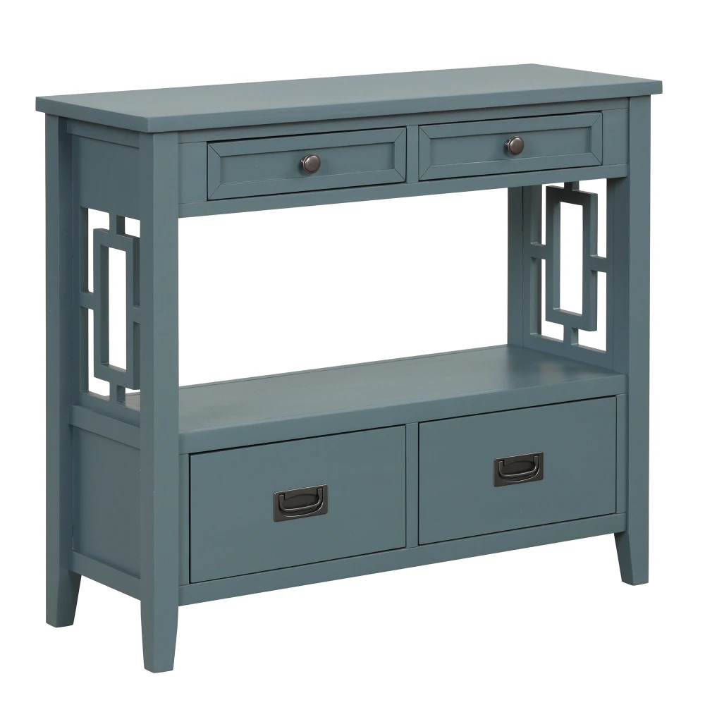 Farmhouse Pine Wood Console Table with Drawers & Storage Shelf in Blue for Entryway/Living Room/Hallway/Kitchen 5