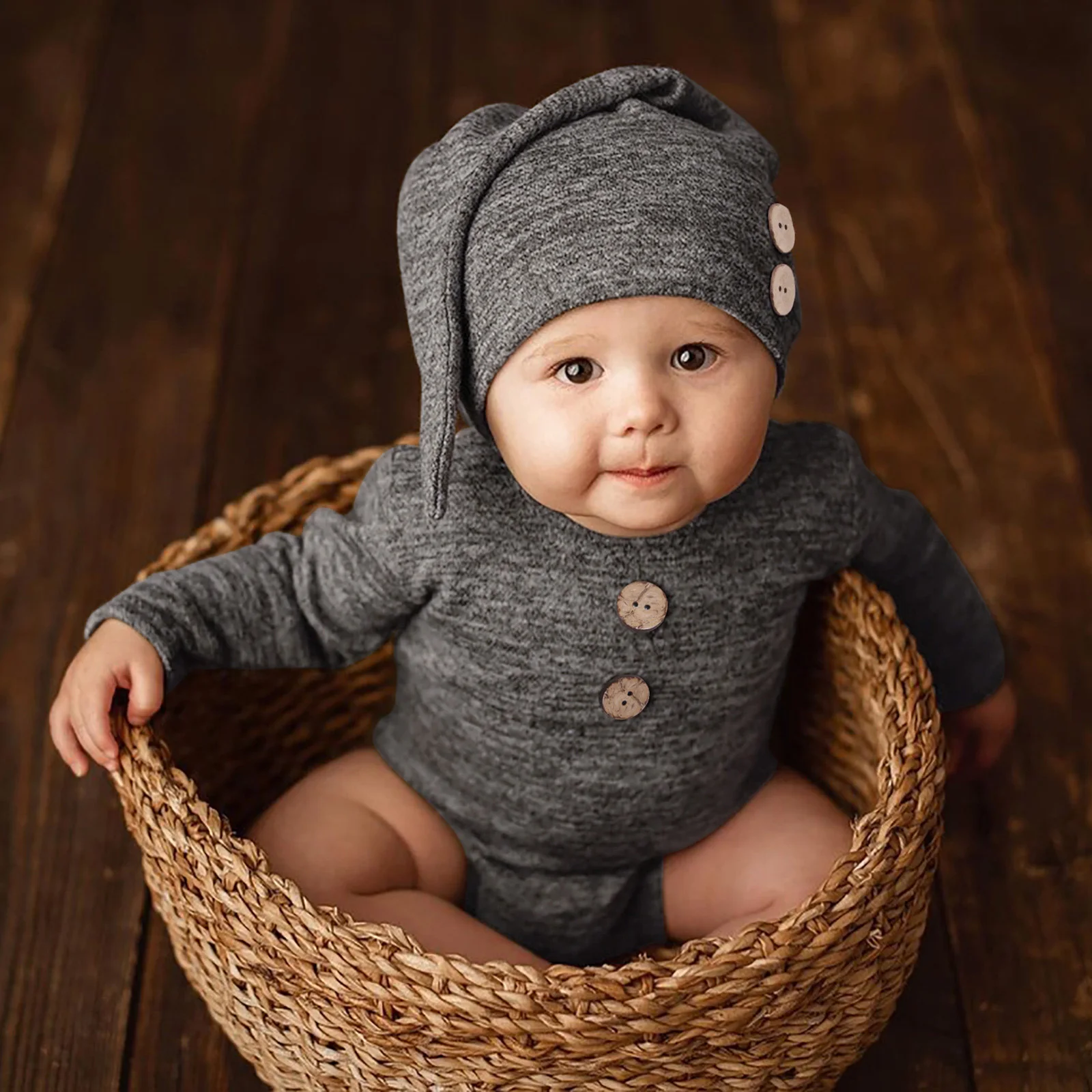 

Newborn Baby Long Sleeve Onesie with Knotted Long Tail Hat Set Buttons Solid Color Infant Bodysuit Rompers Photo Outfits