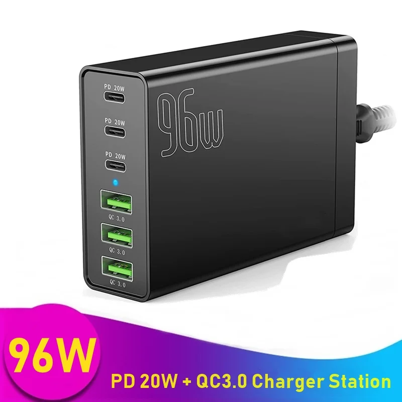 

96W Multi USB PD Charger Desktop Charging Station 3 Ports PD 20W + 3 Ports QC3.0 USB Fast Charger for iPhone 13 iPad Samsung