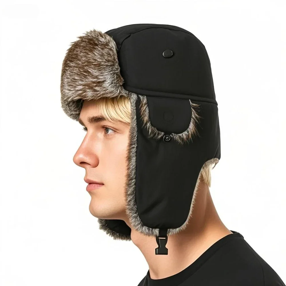 Russische Uschanka-Wintermütze für Herren, Militär-Pilotenmütze mit Ohrenschützern, winddicht, für kaltes Wetter, Armee-Stil, Fliegerfellmütze – Detail 1