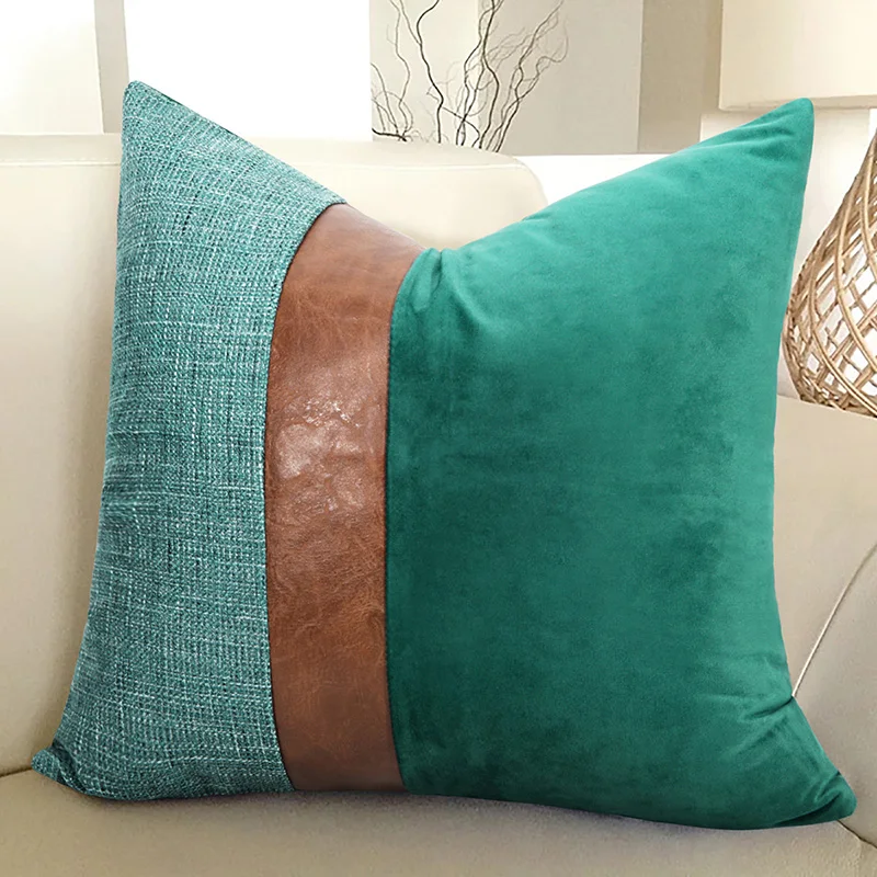 Patchwork Velvet Pillow Cover with PU Striped Cushion Case Modern