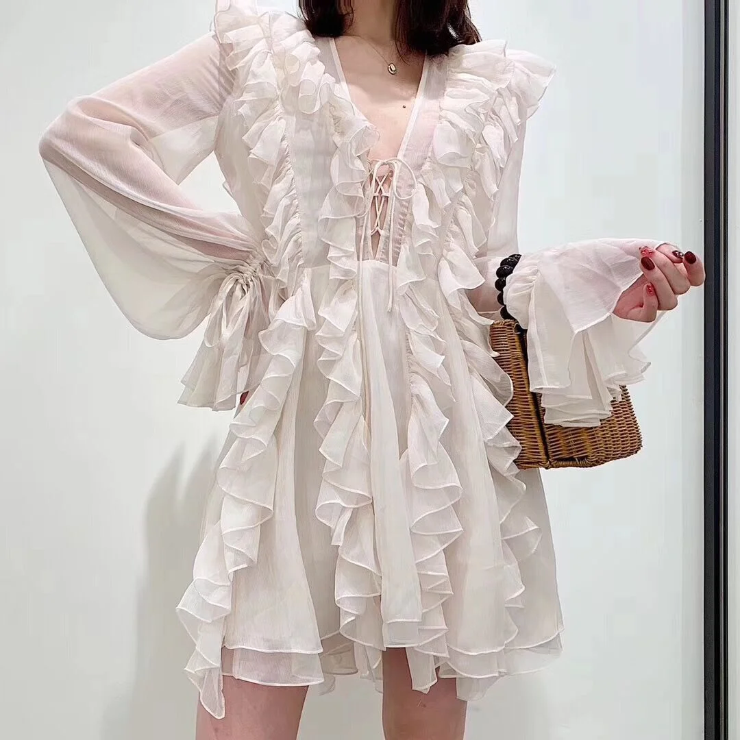 

2023 Новые популярные женские модные Лоскутные элегантные однотонные мини-платья с оборками, V-образным вырезом, длинным рукавом и высокой талией