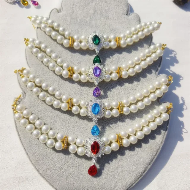 Cute Pet Accessories Double Layer Pearl Pet Necklace Sweet Flower Pendant Cat Neck Chain Adjustable Pearl Collar for Cats Puppy 2