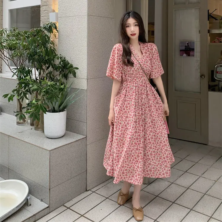 

Korean Unif Vintage Flower Women Chiffon Party Dress Clothing High Long Flare Sleeve Ankle-Length Pink Print Beach Dresses 2023