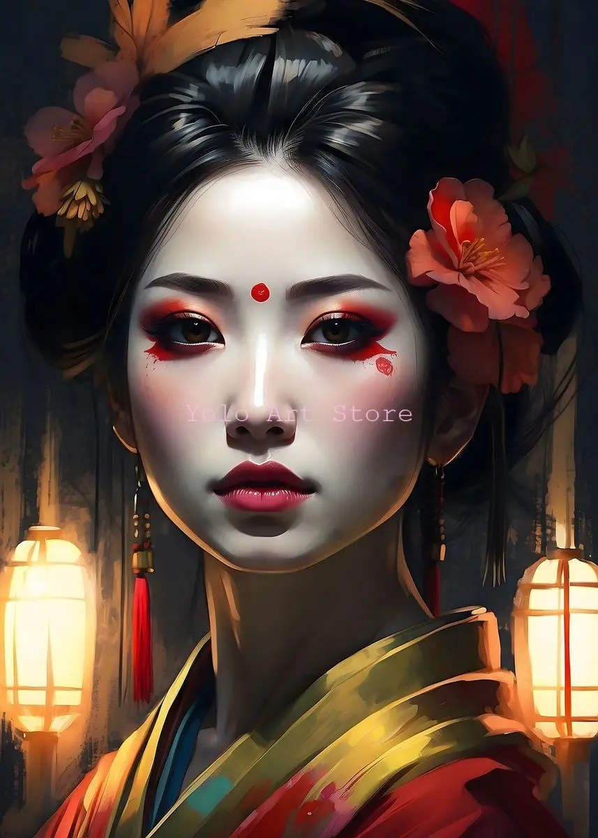 Póster y impresiones de mariposas y chicas de anime con flores samuráis japonesas modernas, impresión en lienzo, arte de pared, imagen para decoración de sala de estar y estudio