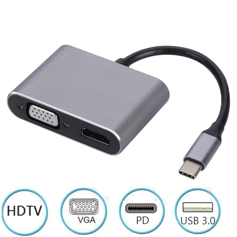USB C Multiport Adapter with HDMI, VGA, and Fast Charging Support