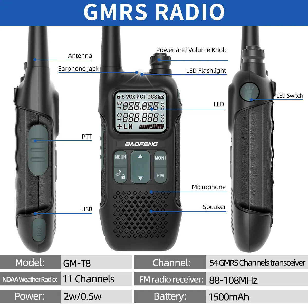 Baofeng GM-T8 Walkie Talkie GMRS Radio NOAA Type-C LED - Image 6