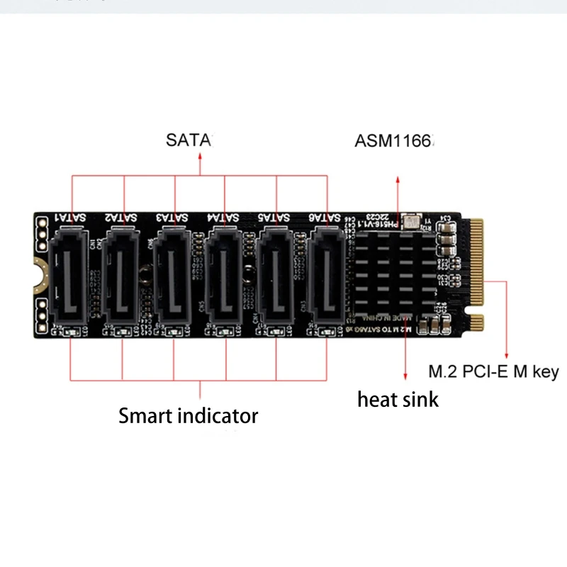 DN59 6-Port for M.2 Sata PCIE Riser Card M2 NVME to Sata 3.0 Expansion Card ASM1166 6GB/S Adapter 6x SATA3.0 Riser Expansion