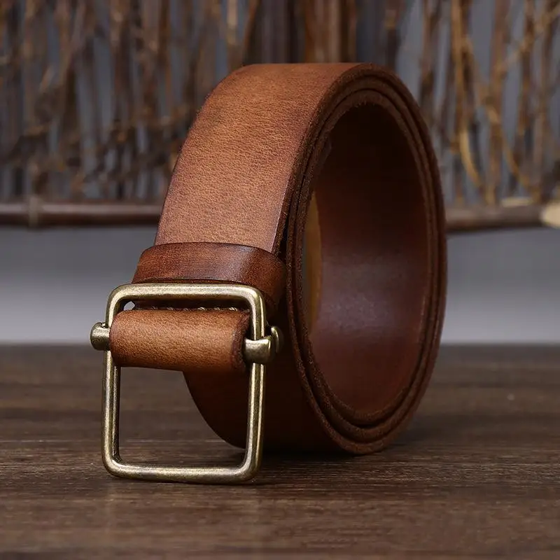 100% Genuine Leather  3.8 Wide Pure Cowhide  for Men's High Quality Jeans No Drilling Smooth Buckle Belts  Waistband Male Fashio