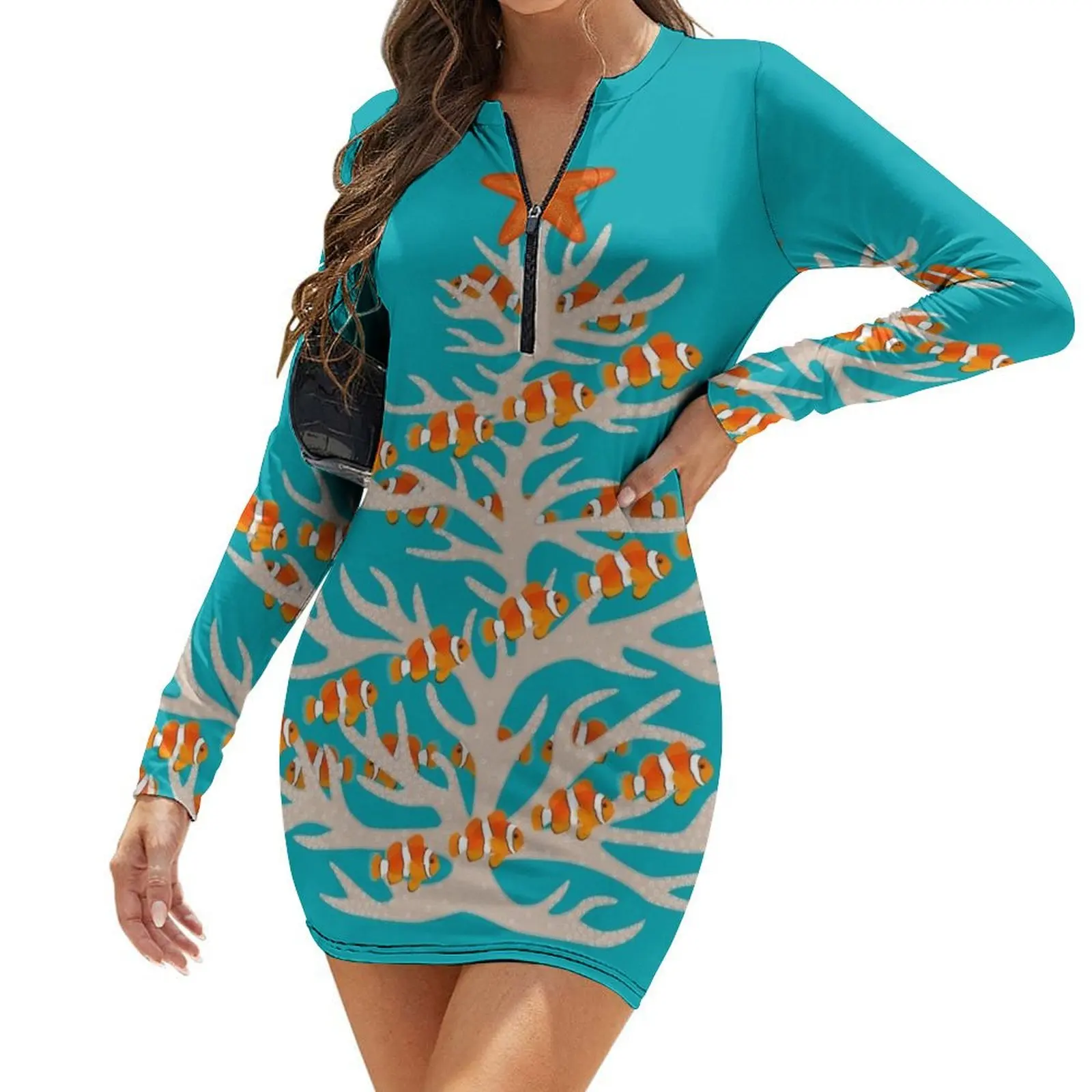 

Underwater Christmas tree with coral reef fish Long-Sleeve Bodycon Dress Women's summer long dress dress for woman