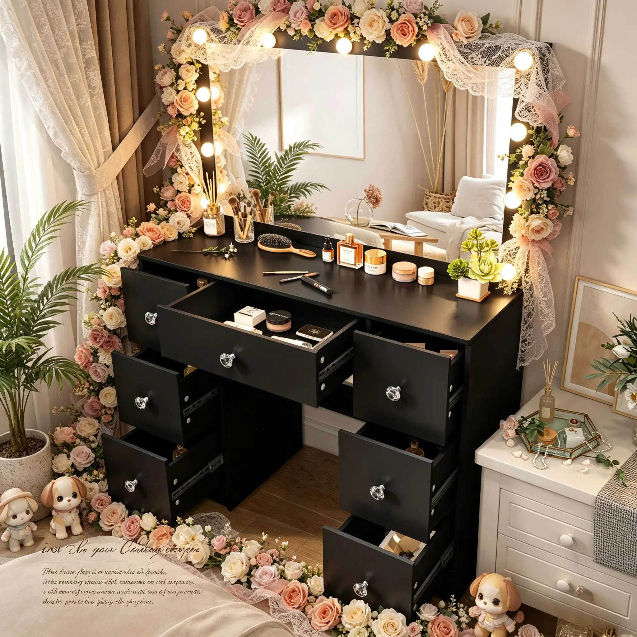White Vanity Desk Set, 11 LED Lighted Mirror, 7 Sliding Drawers, 3 Color Dimmable Women Bedroom Table