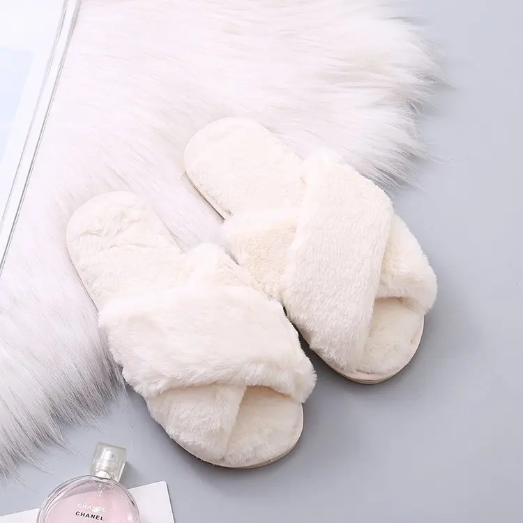 

NEW Design Women Winter House Furry Slippers Women Cross Fluffy Fur Home Slides Flat Indoor Floor Shoes Ladies Flip Flops