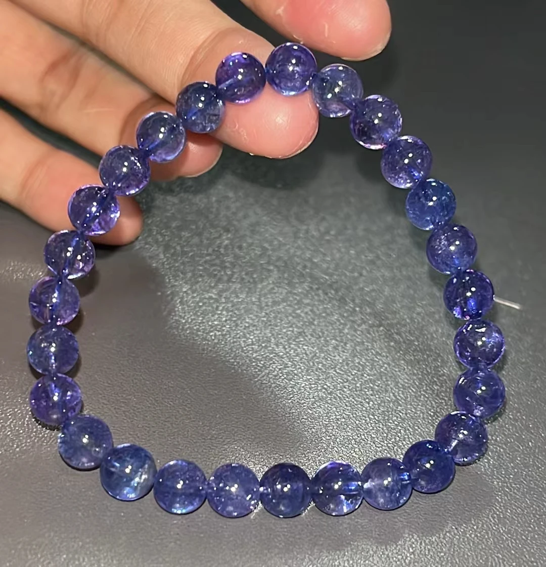 Натуральный голубой браслет из танзанита с прозрачными круглыми бусинами6,9 мм из танзанита, браслет из редкого камня AAAAAA