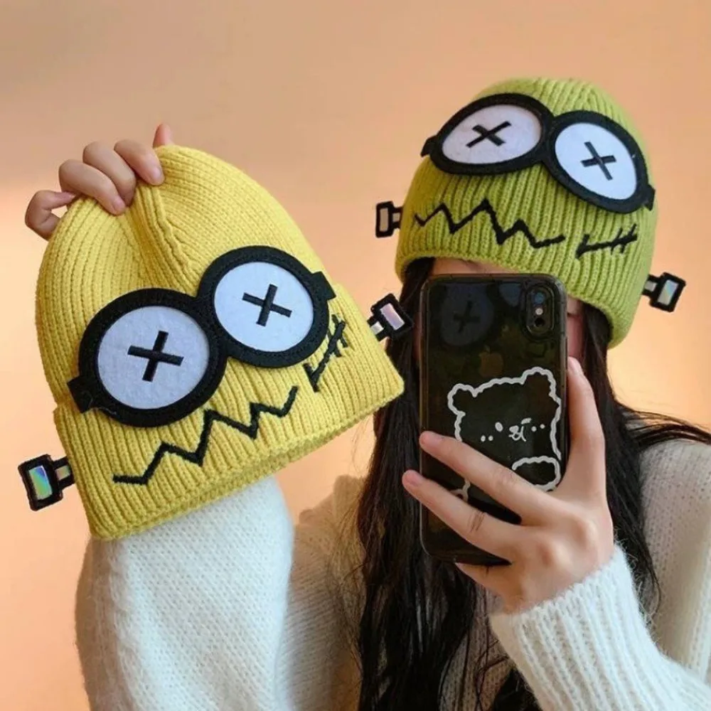 Cute Unisex Cuff Beanie Cap Cartoon Big Eyes Pattern Candy Color Knitted Hat Warm Ear Protection Hat 5