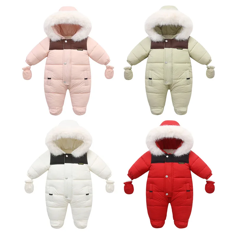 Winter Jumpsuit For Kids Plus Velvet Warm Hooded Newborn Baby Romper 0-2 Years Infant Girl Winter Overalls Baby Snowsuit