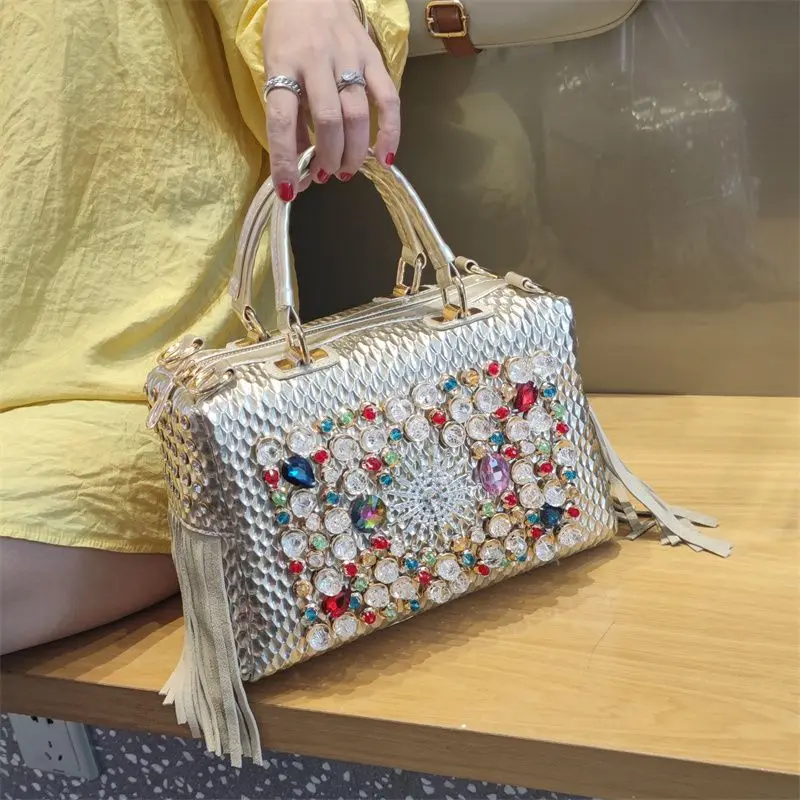 

New Fashion Tassel Bags Boston Style Women Handbags Luxury Diamond Ladies Tote Shoulder Crossbody Bag Gold Silver