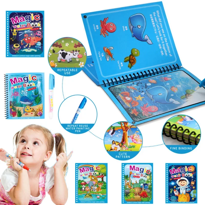 Children Learning  Education Toy Magic Water Book with Pen Baby Montessori Toys Drawing Coloring Books for Kids 2 to 4 Years Old 2