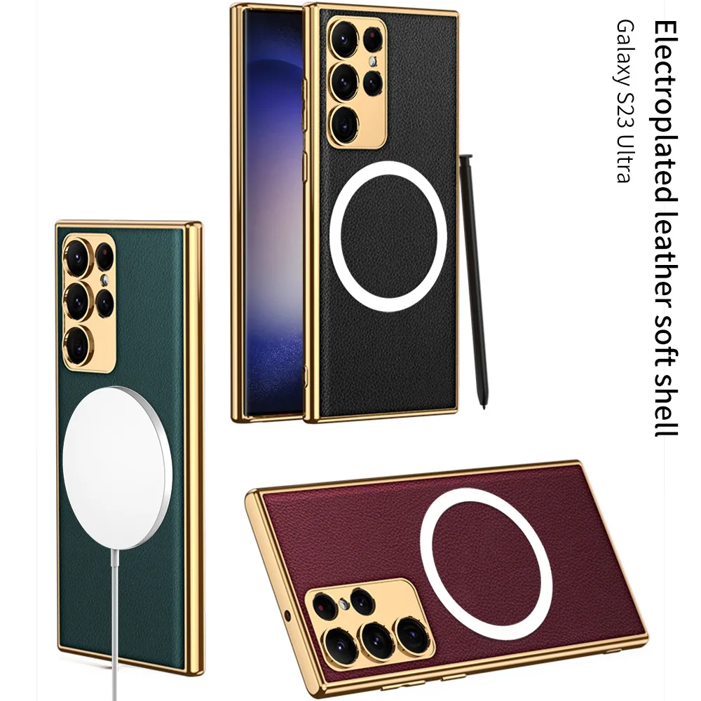 

For Samsung S23 ultra-thin leather protect case S21plus electroplating wireless charging personalized protective case