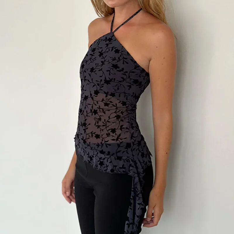 y2k Halter Top Women Sexy Clothes Floral Print Sleeveless Backless Camisole with Asymmetrical Ruffle Hem Party Clubwear 7 y2k Halter Top Women Sexy Clothes Floral Print Sleeveless Backless Camisole with Asymmetrical Ruffle Hem Party Clubwear