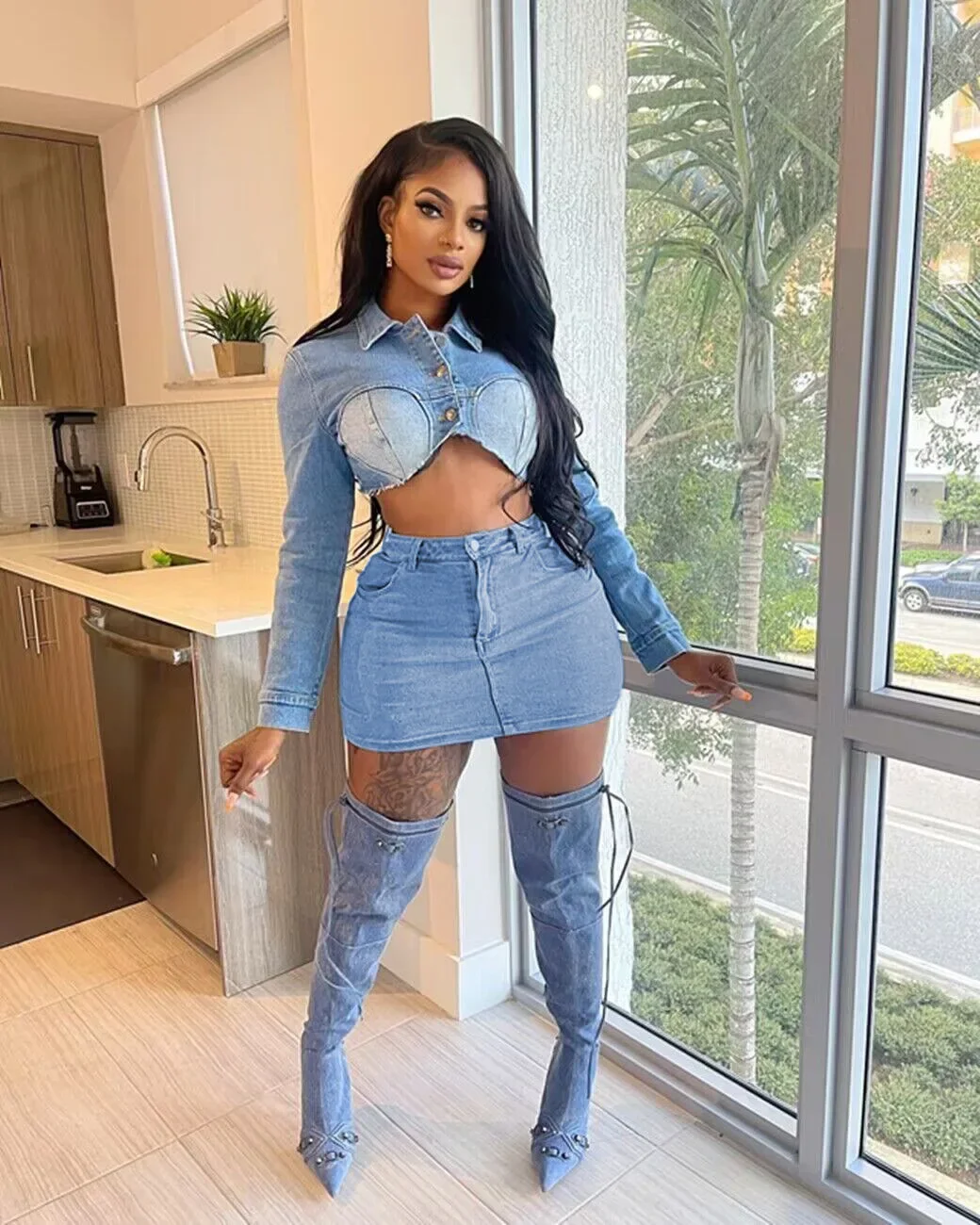 Denim Sheath Skirt Womens Two Piece Outfit Set Solid Long Sleeves Button Sexy Crop Top Suit Autumn Jeans Bodycon Mini Dress Sets