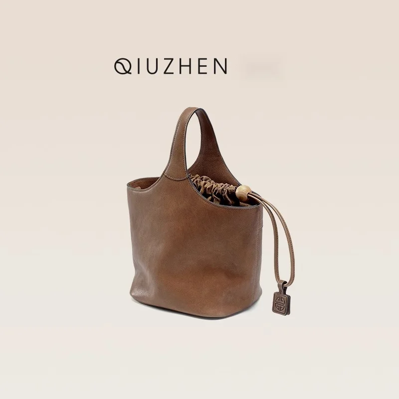 Qiu Zhen – sac à main à bandoulière en cuir véritable de vache tanné, sac panier à légumes de grande capacité pour les déplacements, femme_voghion.com
