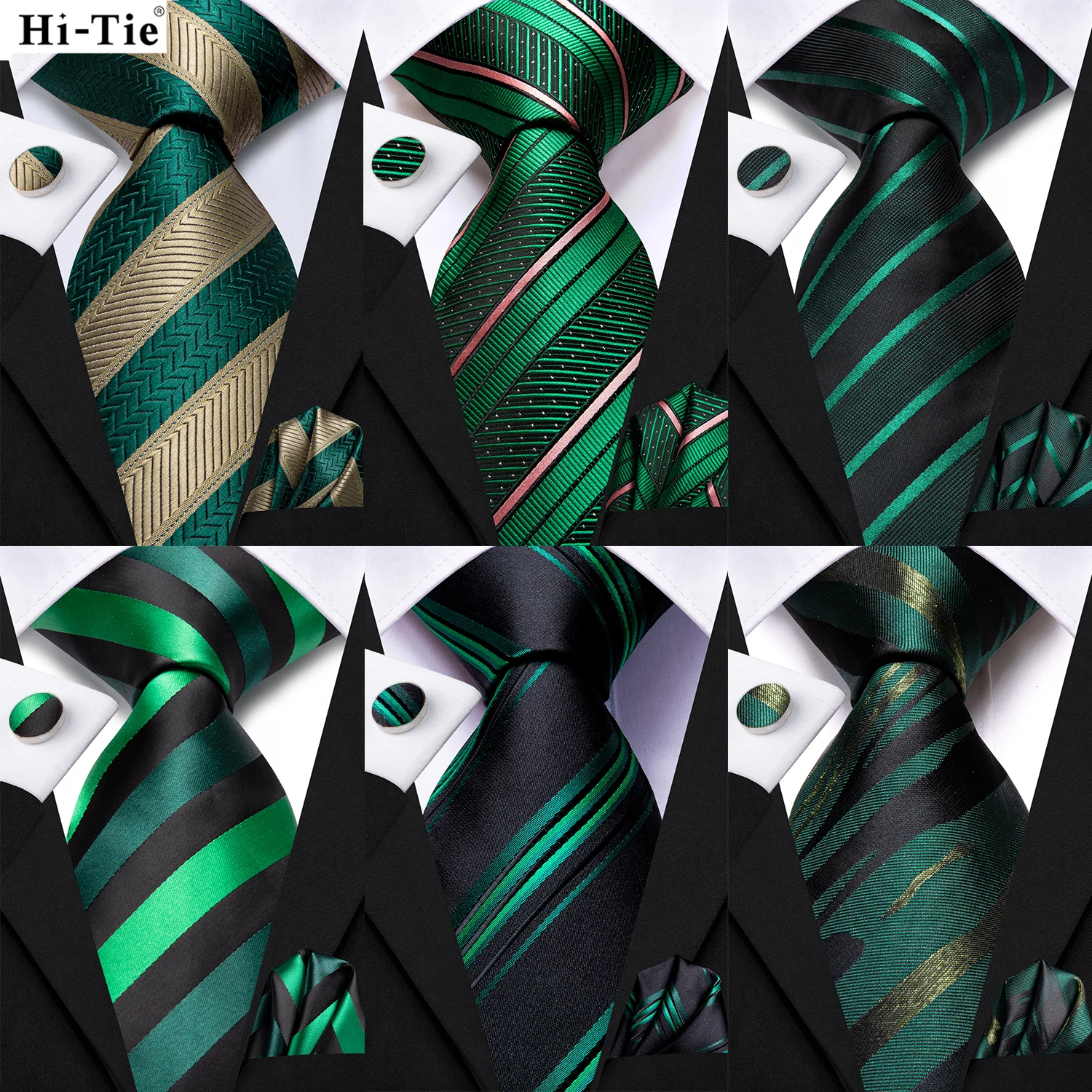 Schwarz-grün gestreifte Krawatten für Herren, Hochzeitsaccessoires, Herren-Krawatte, Einstecktuch, Manschettenknöpfe, Geschenk für Männer, Business, Seide, Party