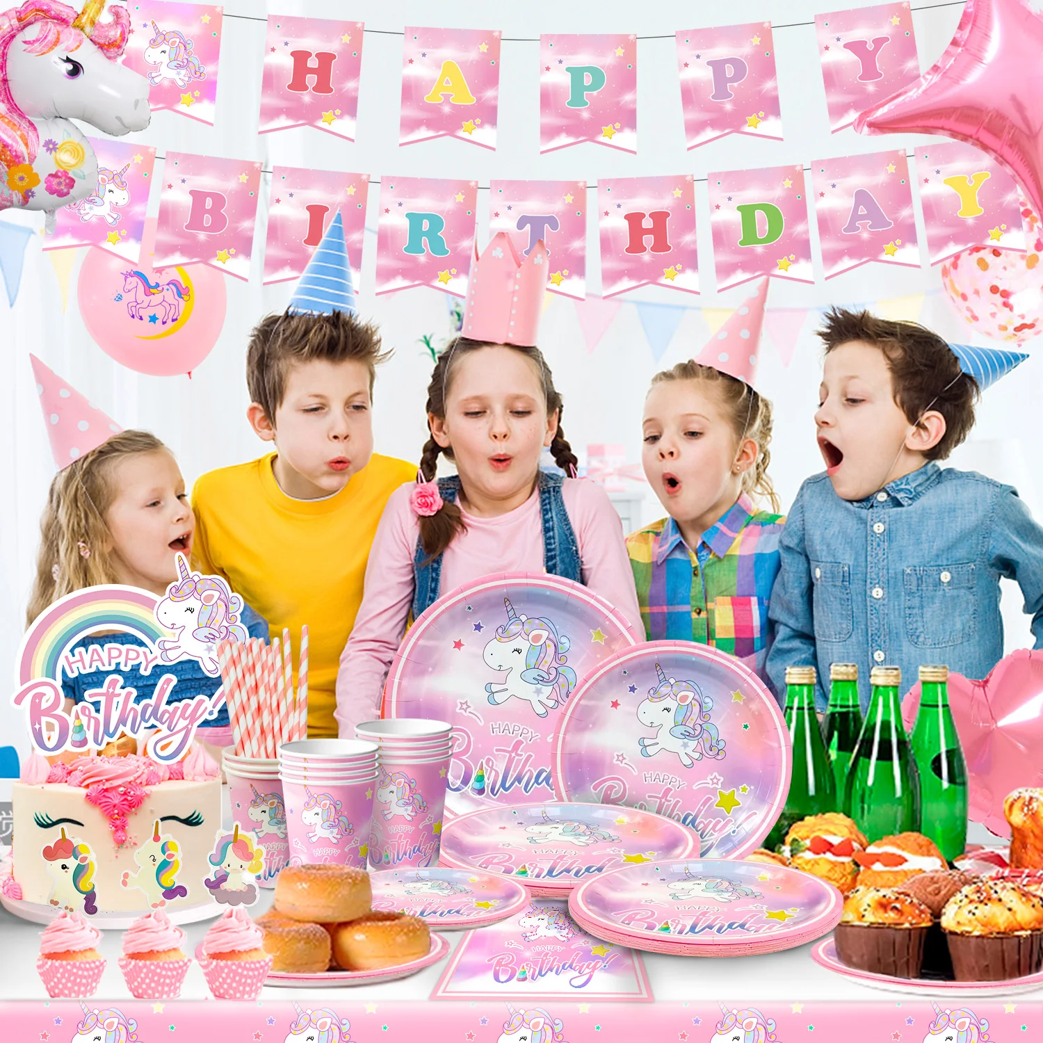 Unicorn Birthday Party Supplies,116pcs Decorations&Birthdays Tableware Set-Unicorn Party Plates Napkins Table Cloth etc 5