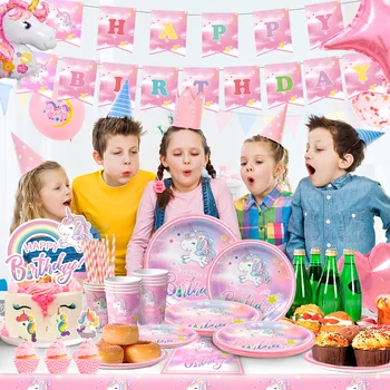 Unicorn Birthday Party Supplies,116pcs Decorations&Birthdays Tableware Set-Unicorn Party Plates Napkins Table Cloth etc 5